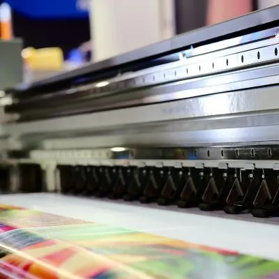 Máquina imprimiendo cartel de colores